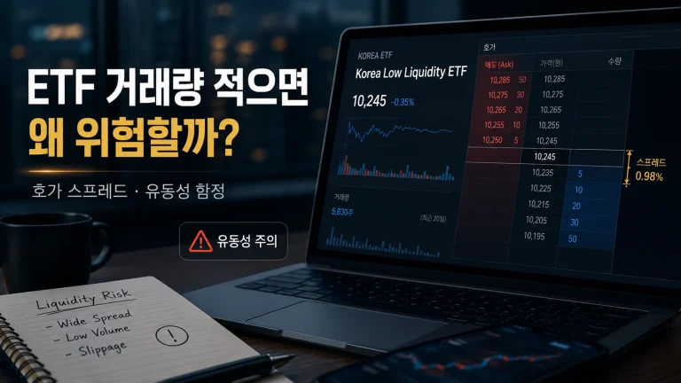 ETF 거래량이 적으면 발생하는 위험과 순자산 규모 유동성 확인법 인포그래픽