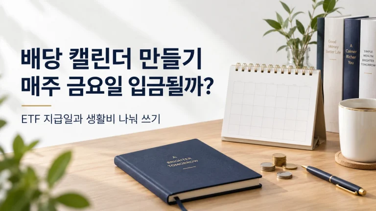 배당 캘린더 만들기 문구와 탁상달력, 동전, 수첩으로 표현한 ETF 분배금과 주간 생활비 관리