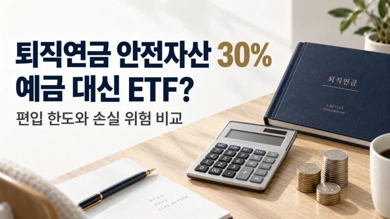 퇴직연금 안전자산 30%의 예금과 ETF 선택을 설명하는 문구와 연금 수첩, 계산기, 동전