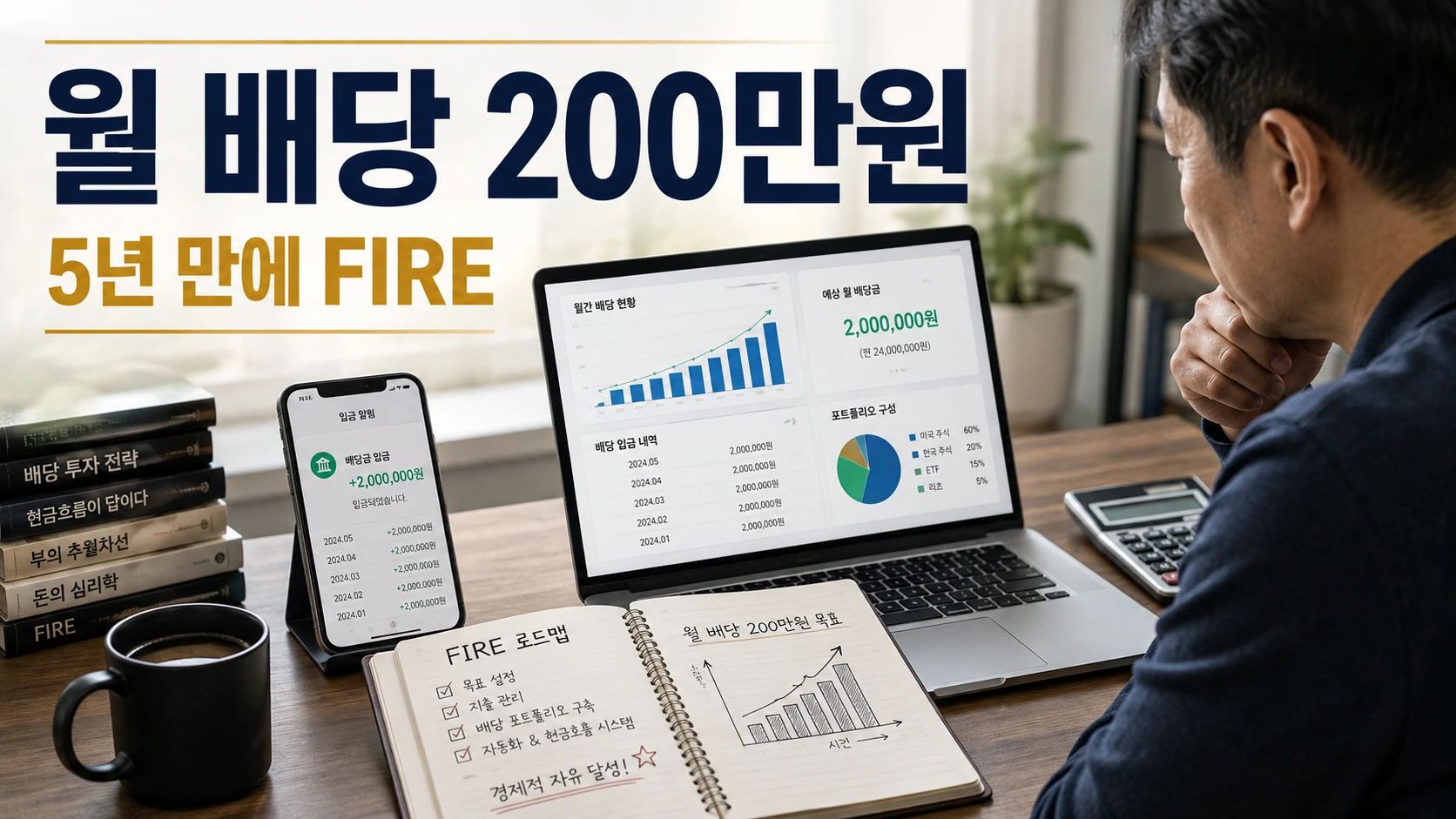 2억으로 월 배당 200만원 파이어족 달성 포트폴리오 비중 및 자산 로드맵 인포그래픽