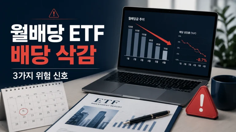 월배당 ETF 배당 삭감 징후와 기초자산 주가 하락에 따른 분배금 축소 원리 인포그래픽