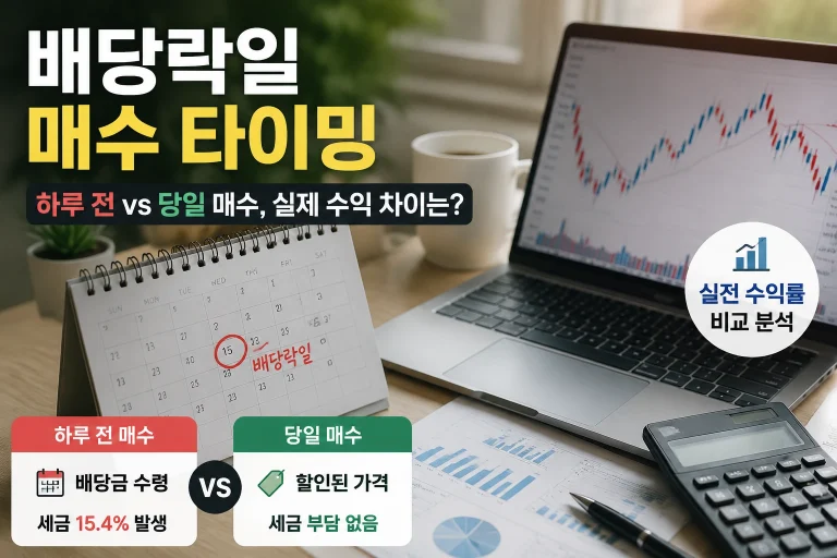 배당락일 하루 전 매수와 배당락 당일 매수의 배당금과 실제 수익 차이 비교 인포그래픽