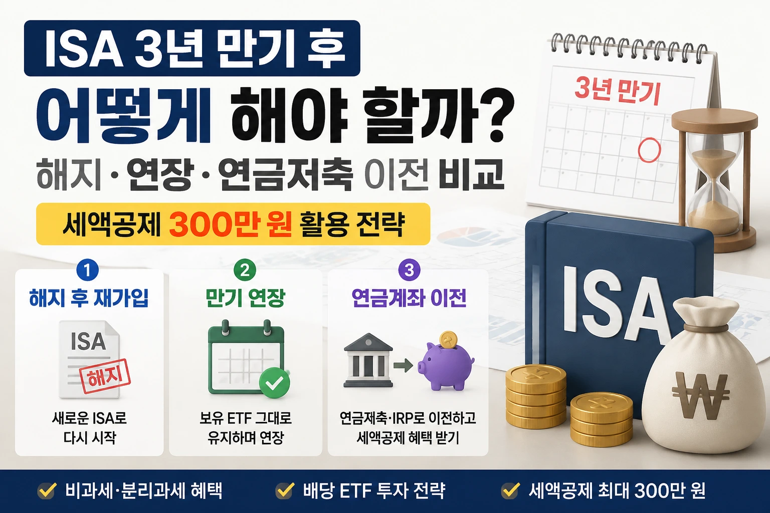 ISA 3년 만기 후 해지 연장 연금저축 이전 세액공제 300만 원 비교 배당 ETF 투자 전략 인포그래픽