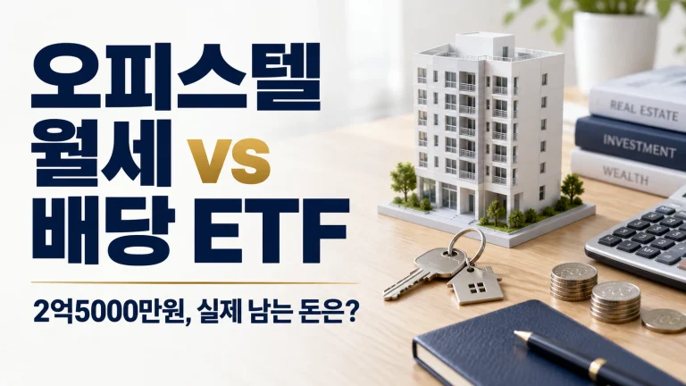 오피스텔 월세 vs 배당 ETF 비교 문구와 건물 모형, 열쇠, 계산기로 표현한 2억5000만원 투자 현금흐름