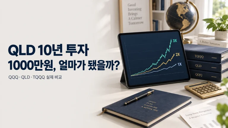 QLD 10년 투자 시 1000만원의 변화를 QQQ와 TQQQ 수익률 그래프로 비교한 이미지