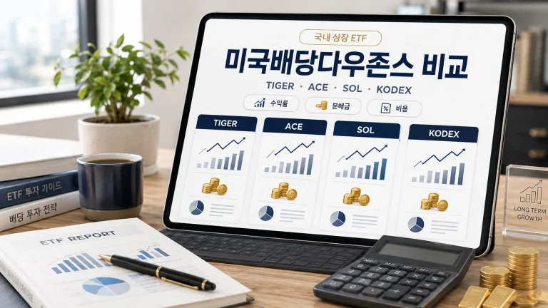 미국배당다우존스 비교 TIGER ACE SOL KODEX 4대장의 순자산 실부담비용 분배금 최근 1년 수익률 비교