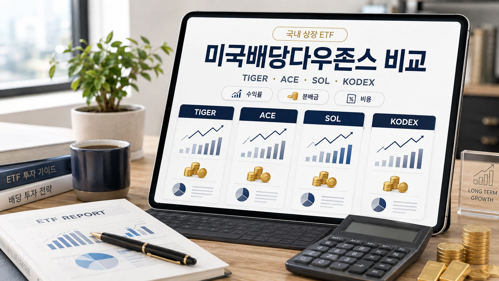 미국배당다우존스 비교 TIGER ACE SOL KODEX 4대장의 순자산 실부담비용 분배금 최근 1년 수익률 비교
