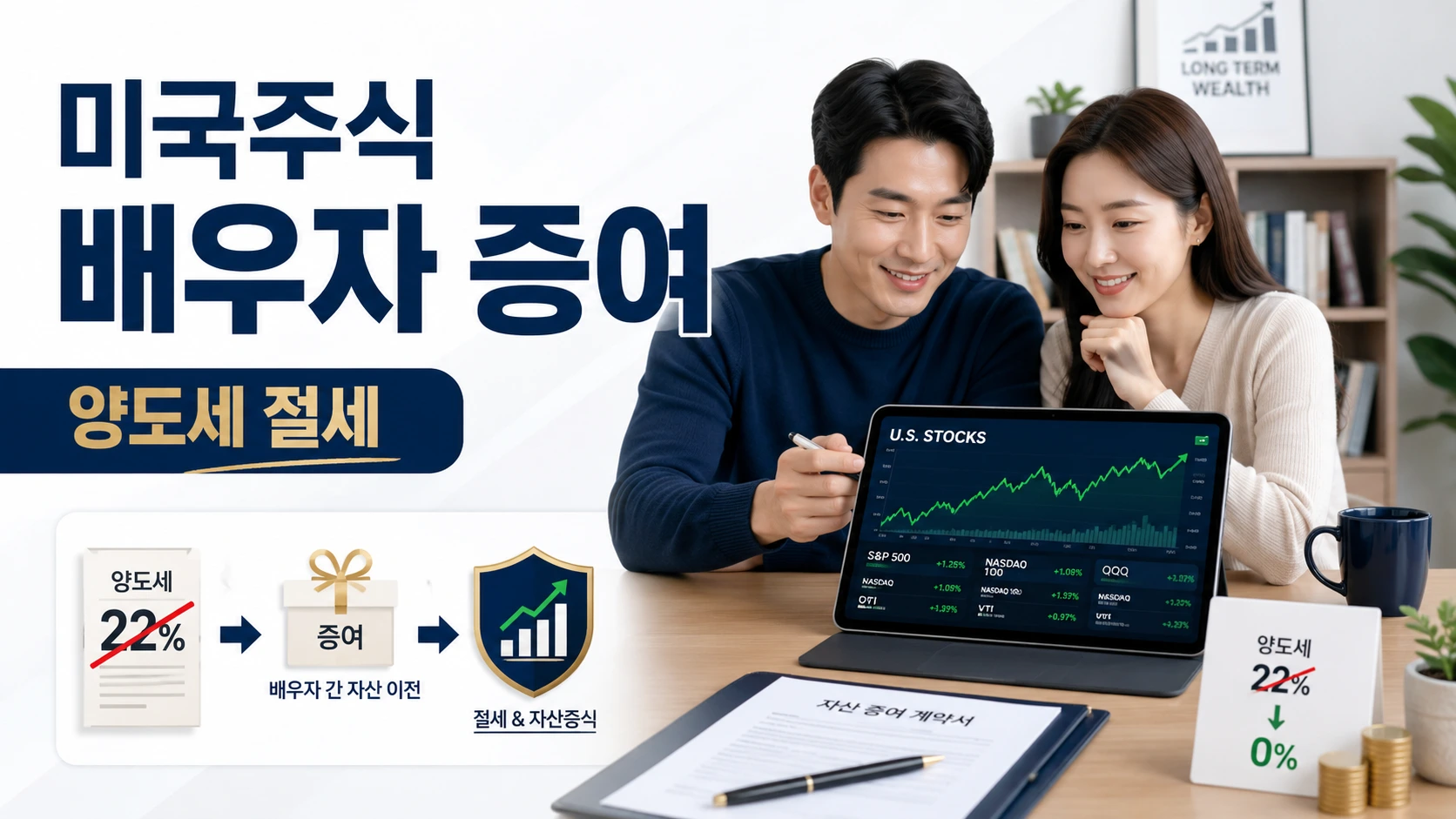미국주식 배우자 증여로 해외주식 양도소득세 22% 절세 및 1년 이월과세 규정 인포그래픽