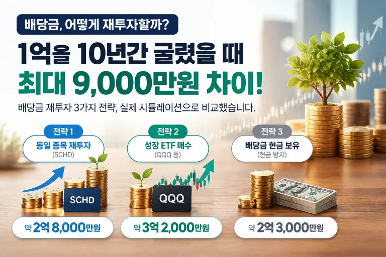 배당금 재투자 전략과 SCHD 성장 ETF 투자 결과를 비교하는 장기 투자 이미지