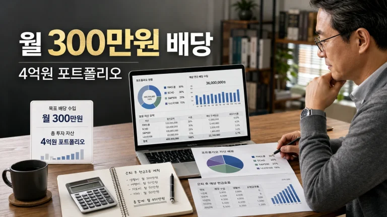 월 300만원 배당 목표를 위한 4억원 미국 ETF 배당 포트폴리오 구성과 현금흐름 인포그래픽