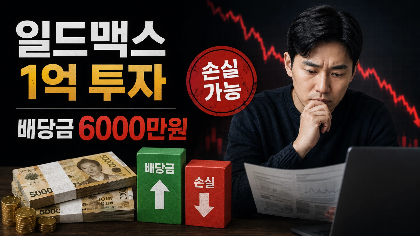일드맥스 1억 투자 후 배당금 6000만원과 원금 변동에 따른 1년 총수익률 비교 인포그래픽
