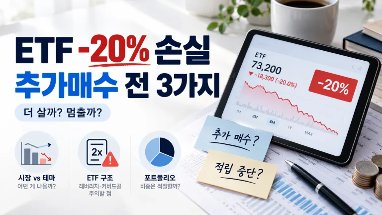 ETF 손실 추가매수 -20% 상황에서 시장 하락과 테마 ETF 손실을 비교하는 투자 이미지