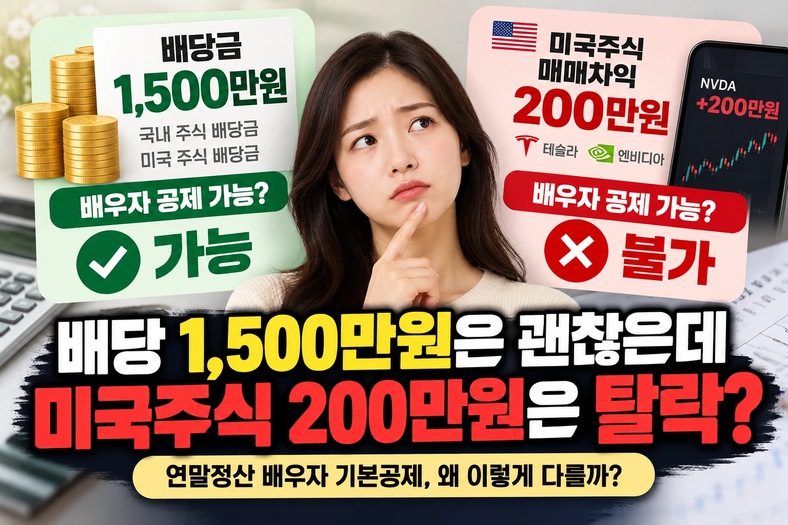 배우자 기본공제 소득요건과 배당 1500만원 미국주식 양도소득 100만원 비교